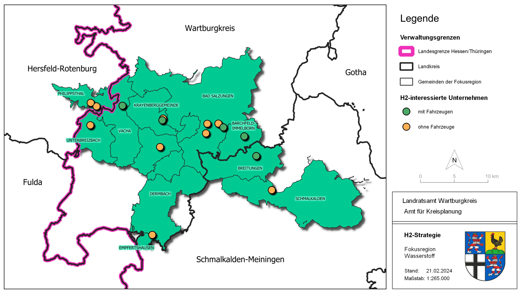 Gebiet der Projektregion zur Entwicklung einer regionalen Wasserstoffinfrastruktur mit den bereits beteiligten Unternehmen (© Landratsam Wartburgkreis)